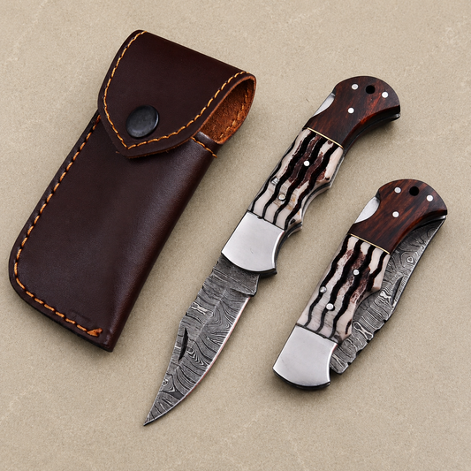 Damascus Folding Knife – Rosewood & Horn Handle Outdoor Foldind Pocket Knife with Custom Engraving & Leather Sheath