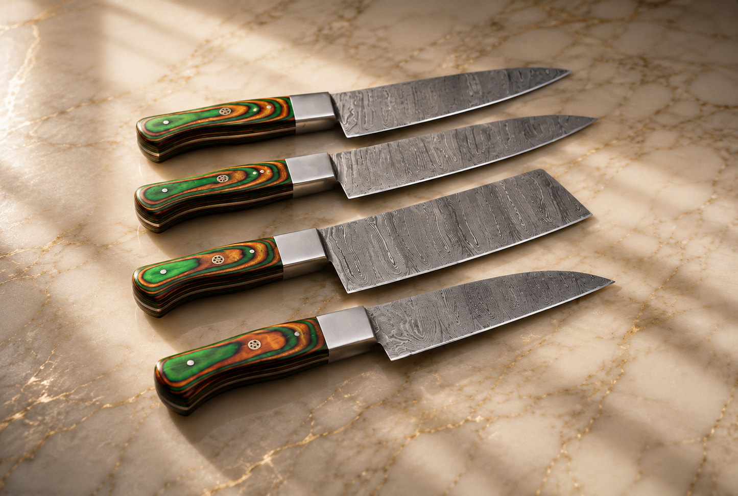5-Piece Hand Forged Damascus Steel Kitchen Knife Set with Wood Handle & Leather Sheath – 512 Layers Chef Knives & Cleaver