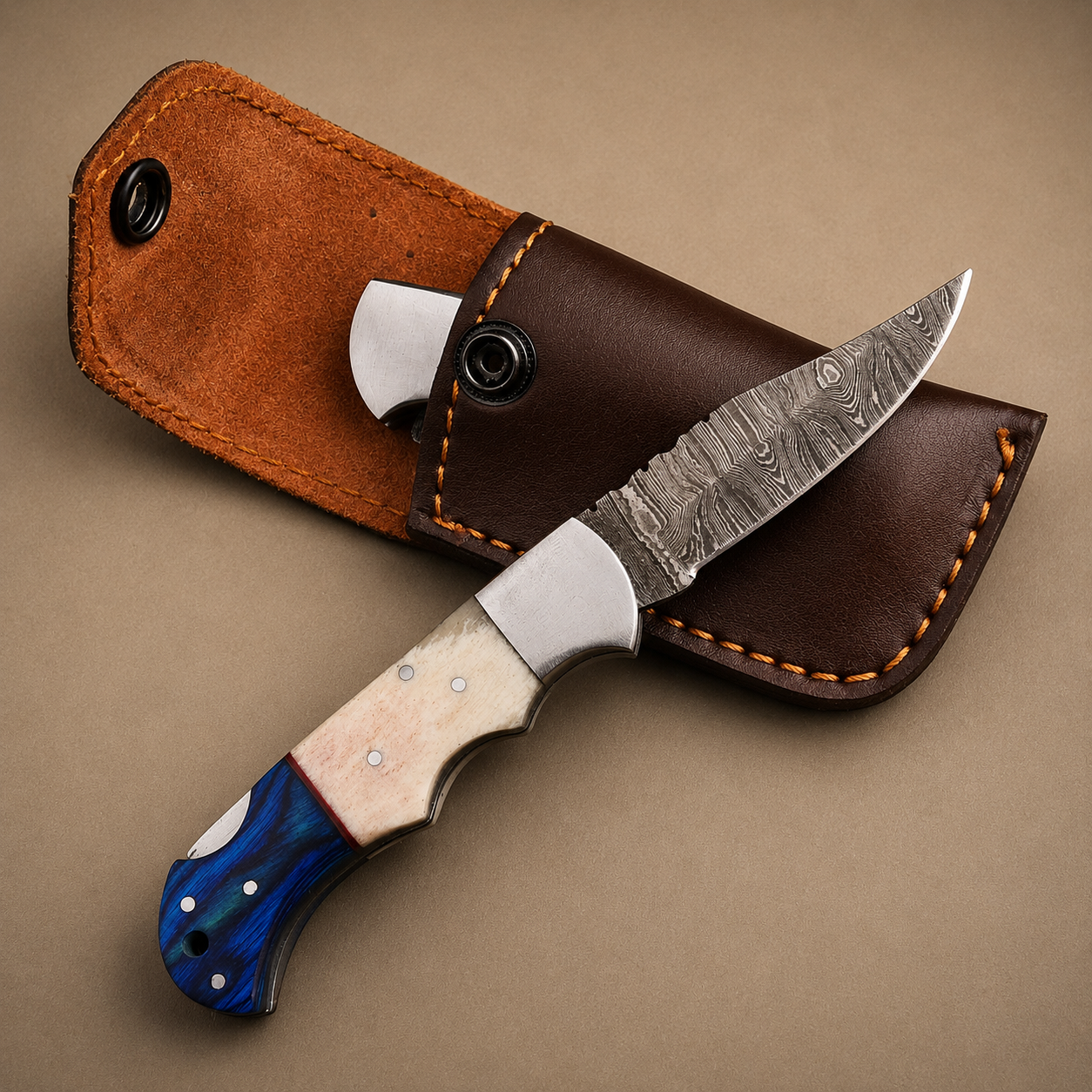 Blue Ridge Damascus Folding Knife – Bone & Blue Wood Handle with Custom Engraving