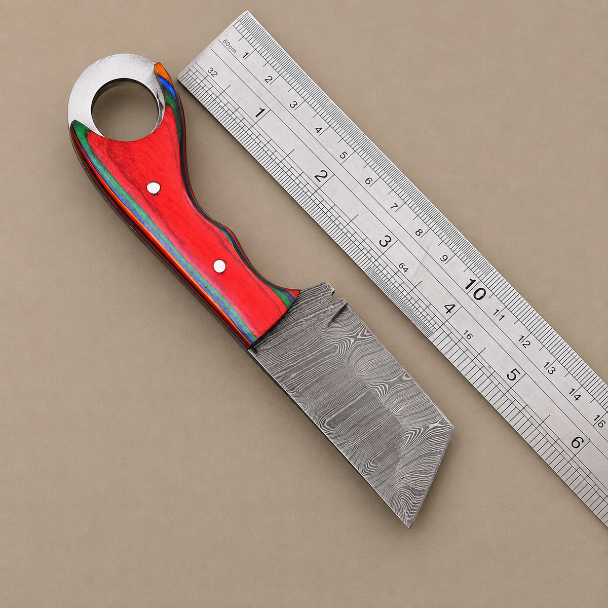 Custom Hand-Forged Damascus Steel Compact Utility Tool with Wood Handle – 512 Layers Handmade Collectible with Leather Sheath