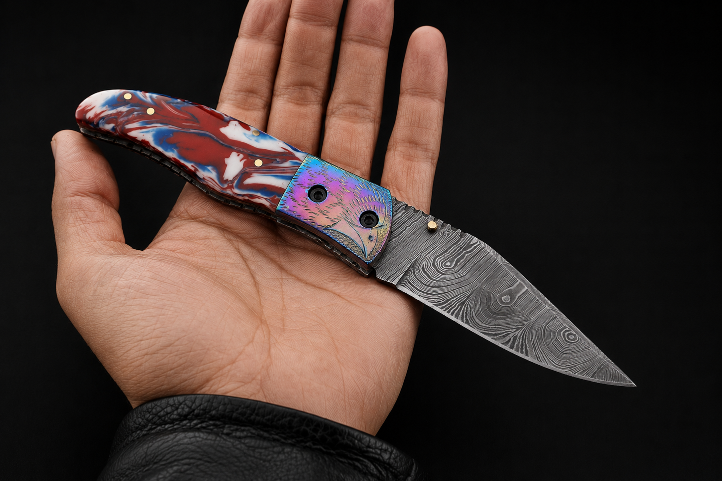 Hand Forged Damascus Steel Folding Pocket Knife with Risen & Bolster Handle – 512 Layers EDC Knife with Leather Sheath