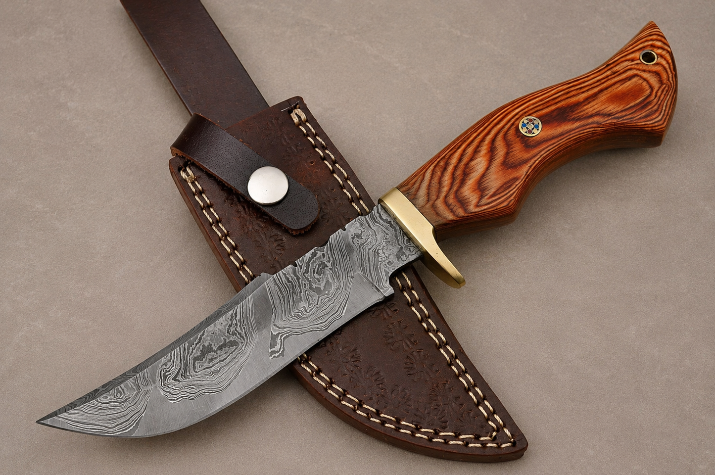 Frontier Forge Damascus Steel Knife – 512 Layer Hand Forged Blade with Stained Wood Handle, Brass Guard & Leather Sheath