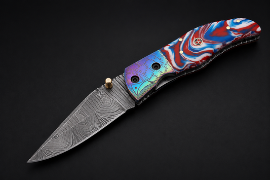 Hand Forged Damascus Steel Folding Pocket Knife with Risen & Bolster Handle – 512 Layers EDC Knife with Leather Sheath
