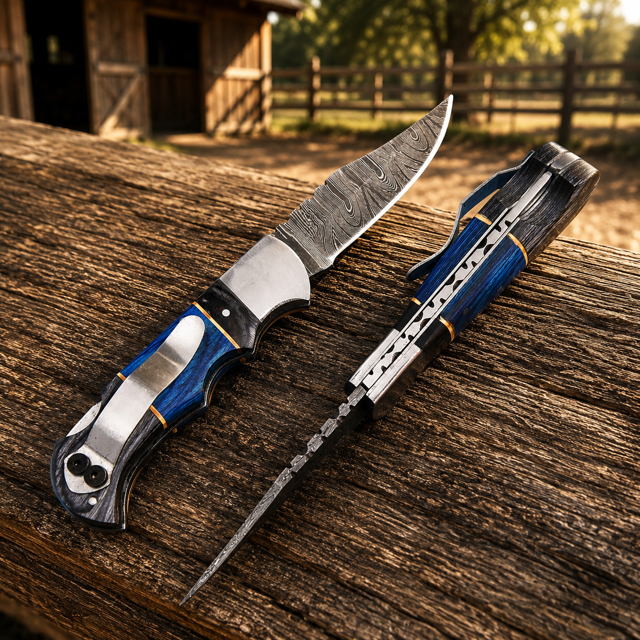 Hand Forged Damascus Folding Knife – Steel Bolster Pakka Wood Pocket Knife with Leather Sheath {Custom Engraving Available}