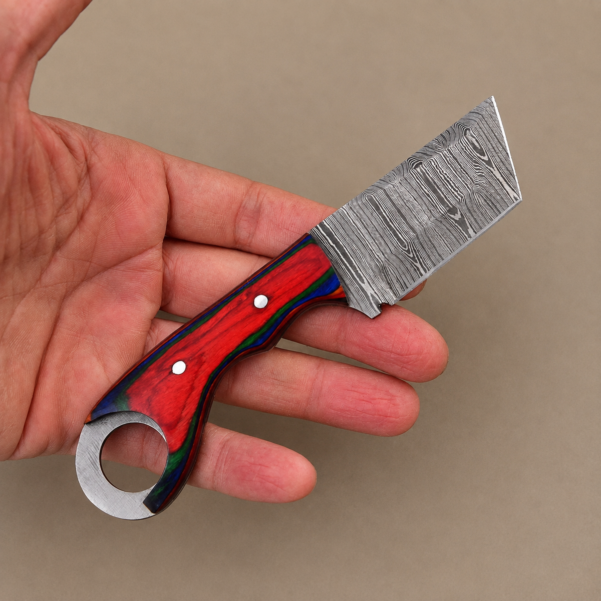 Custom Hand-Forged Damascus Steel Compact Utility Tool with Wood Handle – 512 Layers Handmade Collectible with Leather Sheath