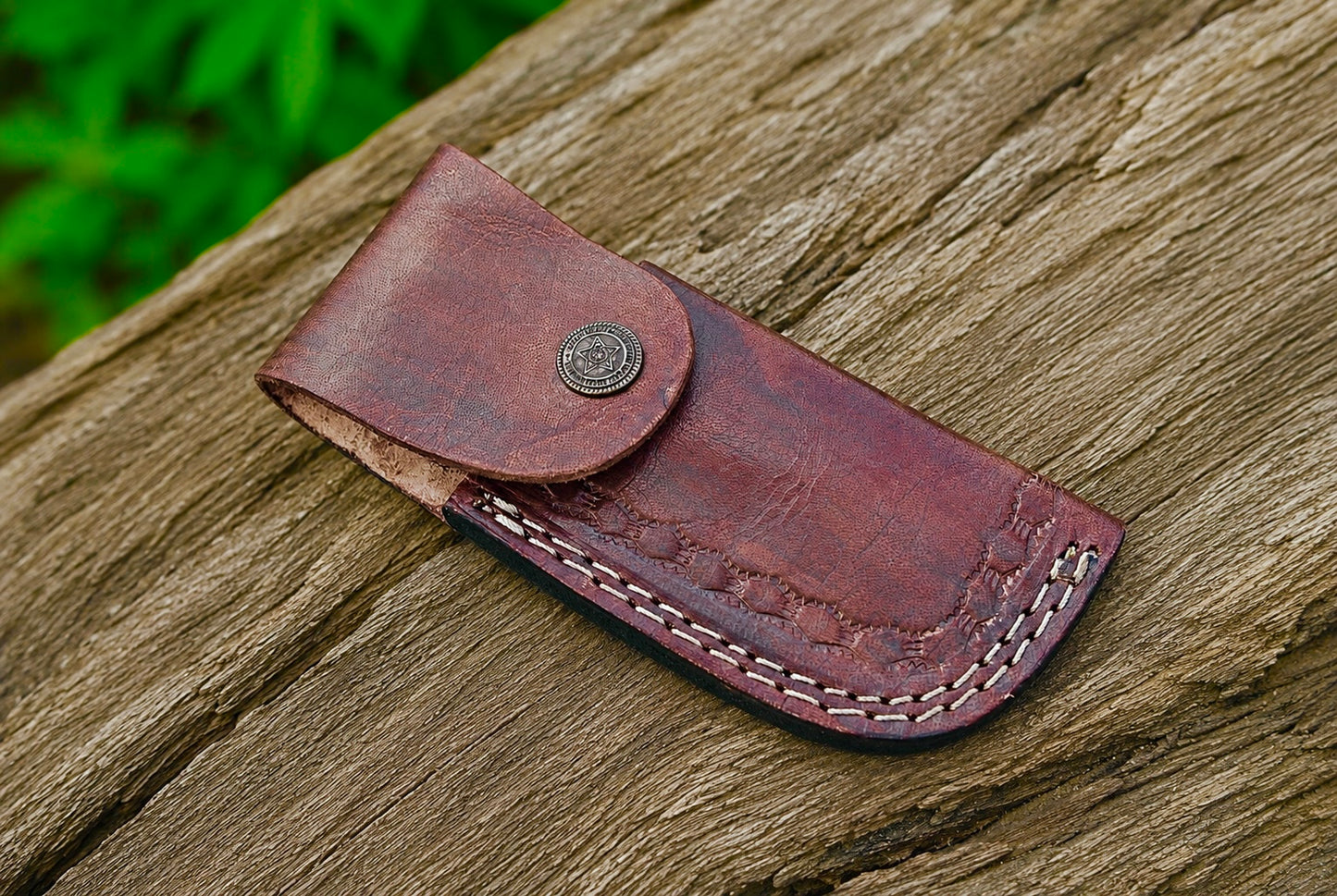 Custom Handmade 512-Layer Damascus Steel Folding Pocket Knife with Olive Wood & Damascus Bolster Handle – Leather Sheath