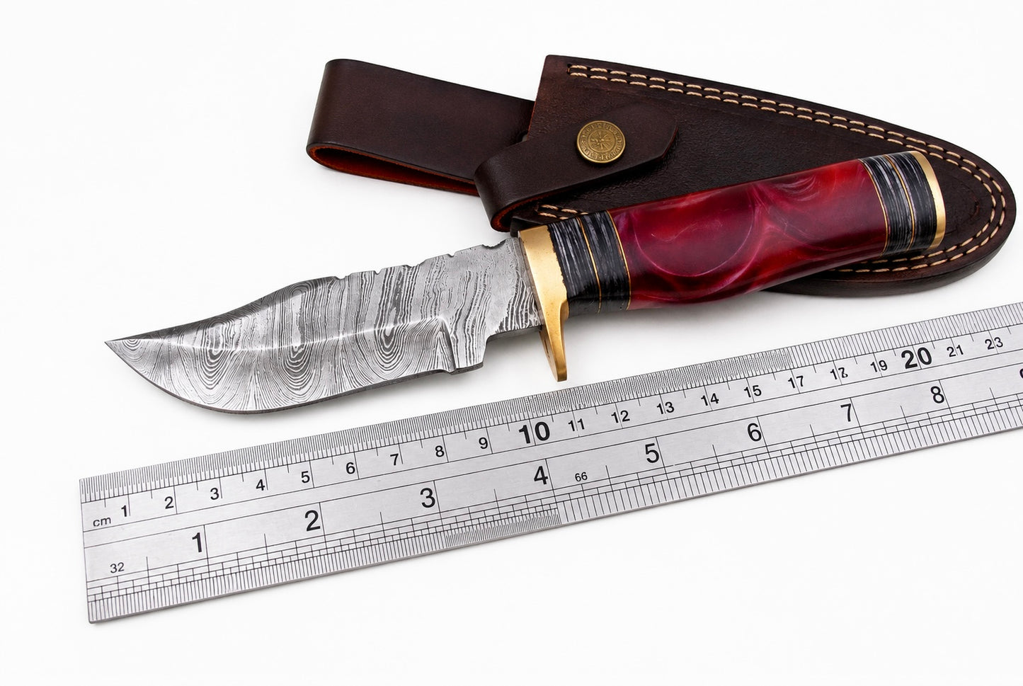Limited Edition Handmade Damascus Steel Knife – Resin & Brass Handle | Leather Sheath Included