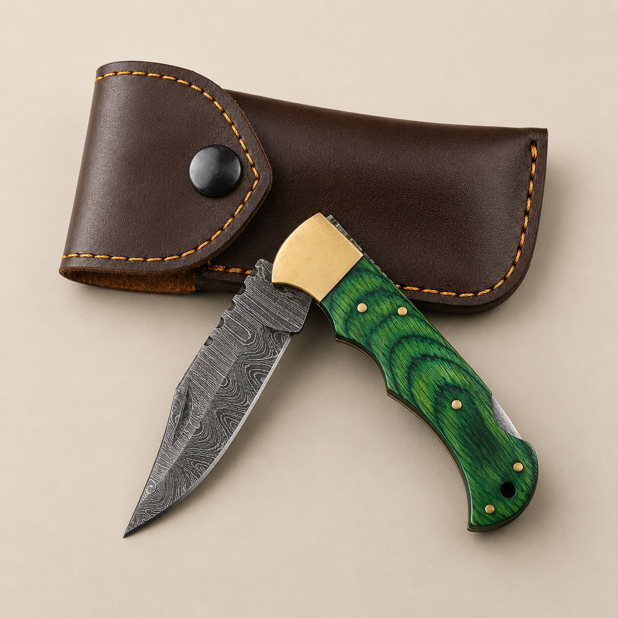 Artisan Folding Knife – Premium Green Pakka Wood Handle & Leather Sheath