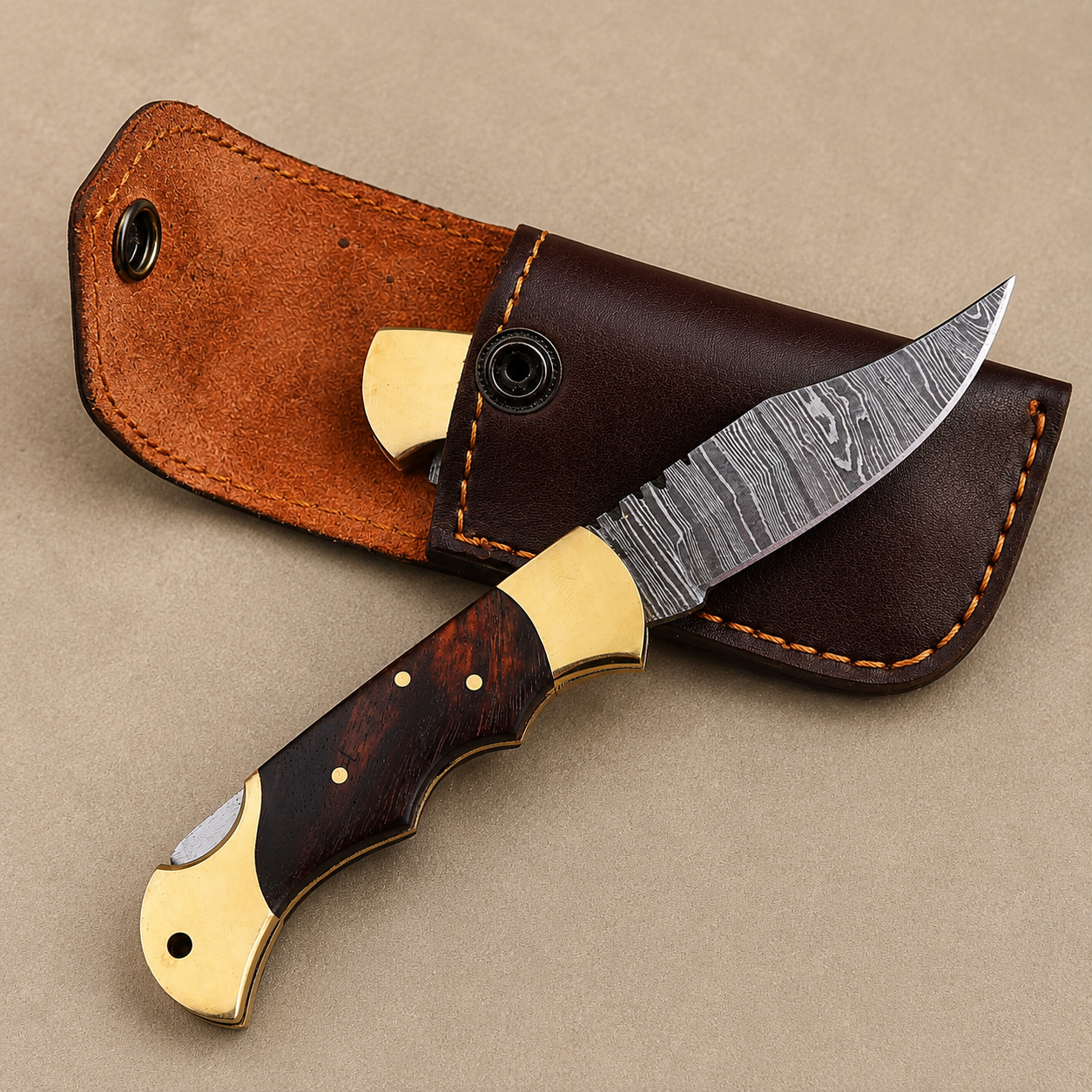 Midnight Timber Damascus Folding Knife – Ladder Pattern Steel with Rosewood Handle, Brass Bolster & Leather Sheath