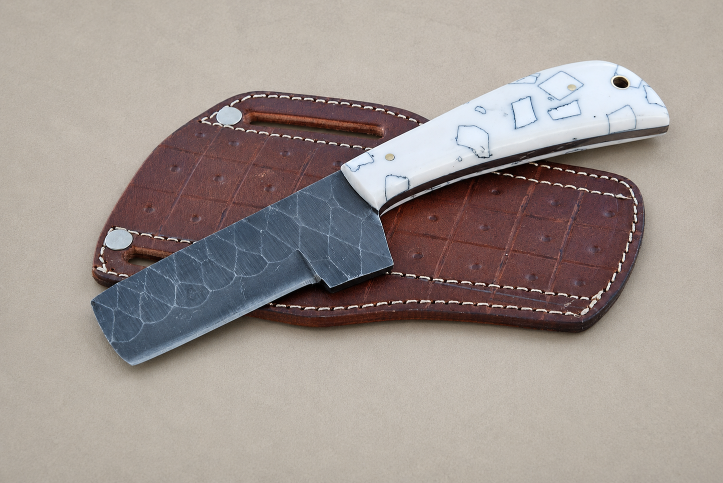 Premium Hand-Forged Railroad Steel Fixed Blade Tool – Raised Handle Leather Sheath Included