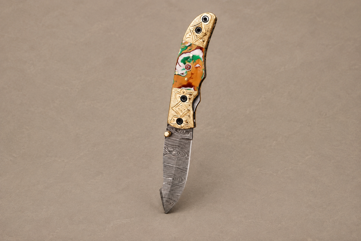 Hand Forged Damascus Steel Folding Pocket Knife – 512 Layers with Wood & Steel Bolster Handle and Leather Sheath