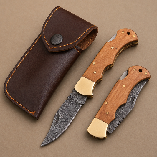 Olive Crest Damascus Folding Knife – Hand Forged Steel, Olive Wood Handle & Leather Sheath