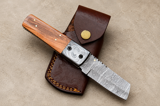 Olive Trail Damascus Folding Knife – 512 Layer Hand Forged Steel with Olive Wood Handle & Leather Sheath