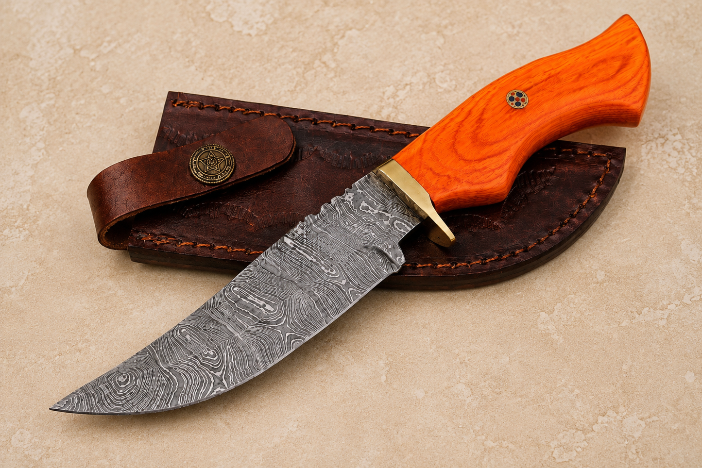 Timber Guard Damascus Steel Utility Knife – 512 Layer Hand Forged Fixed Blade with Stained Wood Handle, Brass Guard & Leather Sheath