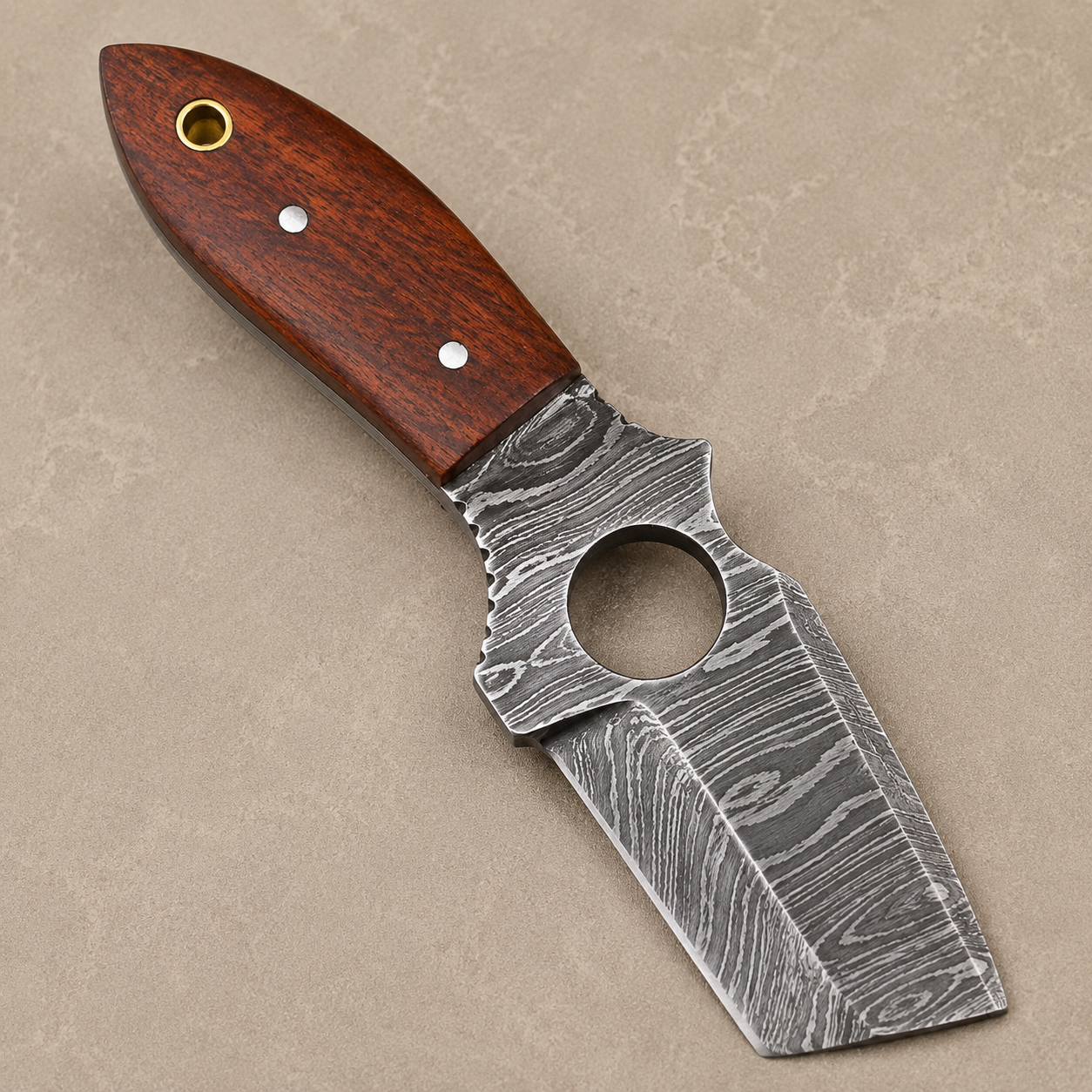 Custom Handmade Damascus Steel Fixed Blade Utility Tool with Wood Handle – 512 Layers Compact Collectible with Leather Sheath