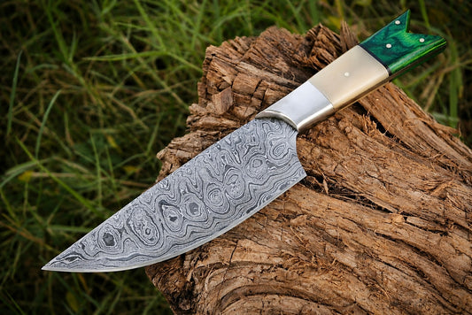 Hand Forged Damascus Steel Chef Knife – 7” Blade with Camel Bone & Wood Handle | 512 Layers
