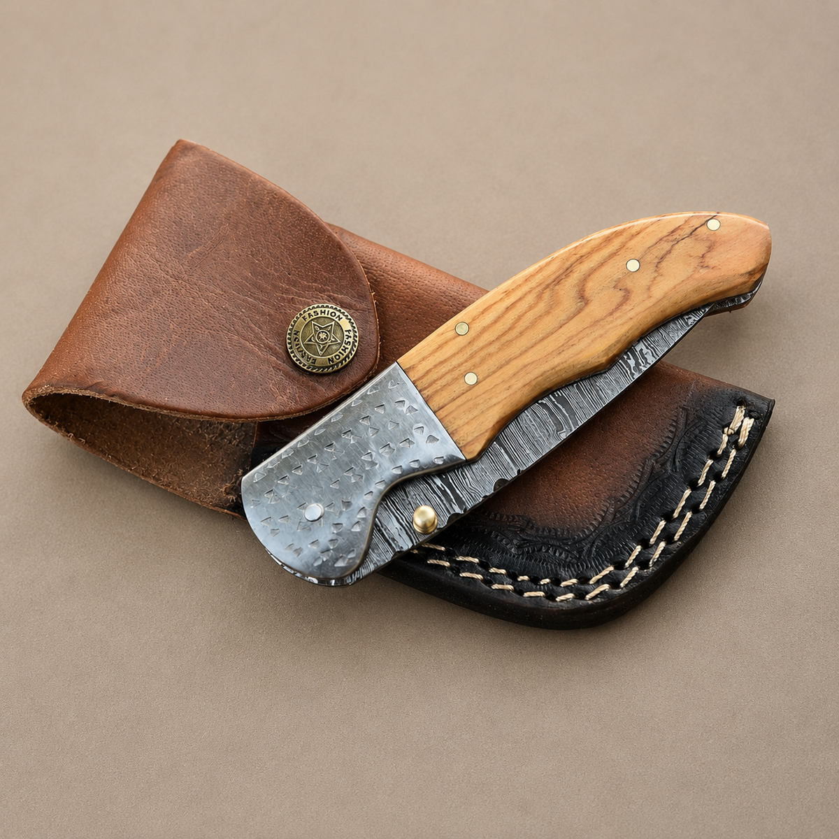 Hand Forged Damascus Steel Folding Pocket Knife with Wood Handle