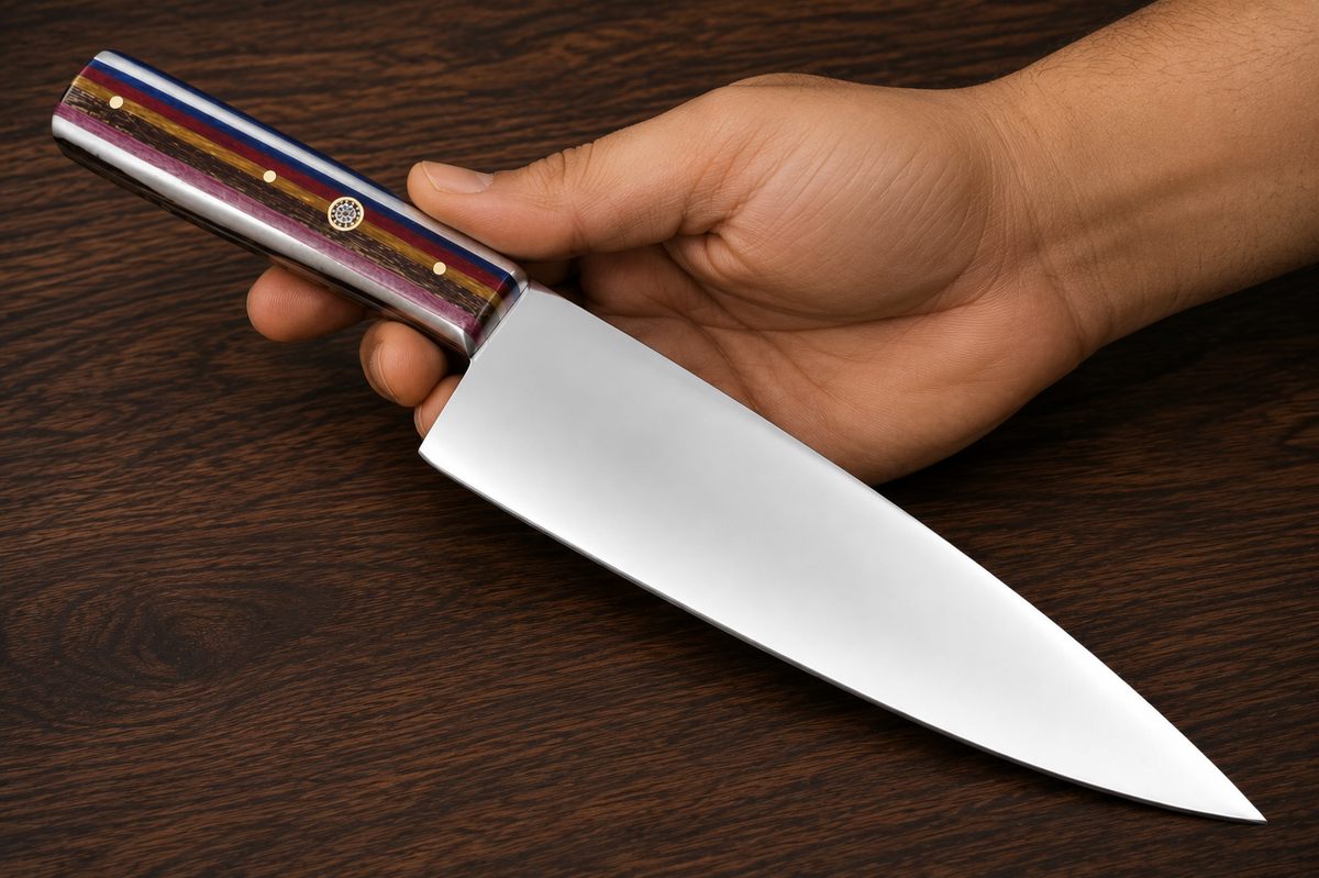 Precision Edge J2 Stainless Steel Chef Knife – 12” Handmade Kitchen Knife Mirrored Polish Blade with Micarta Handle