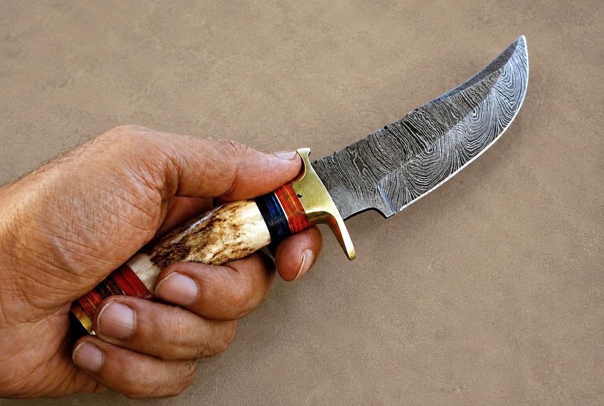 Hand Forged Damascus Steel Outdoor Knife with Stag Handle & Brass Guard – 512 Layers Knife