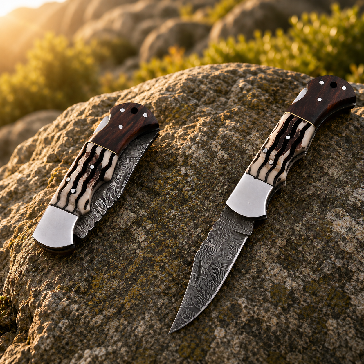 Personalized Damascus Folding Knife – Rosewood & Horn Handle Pocket Knife with Custom Engraving & Leather Sheath