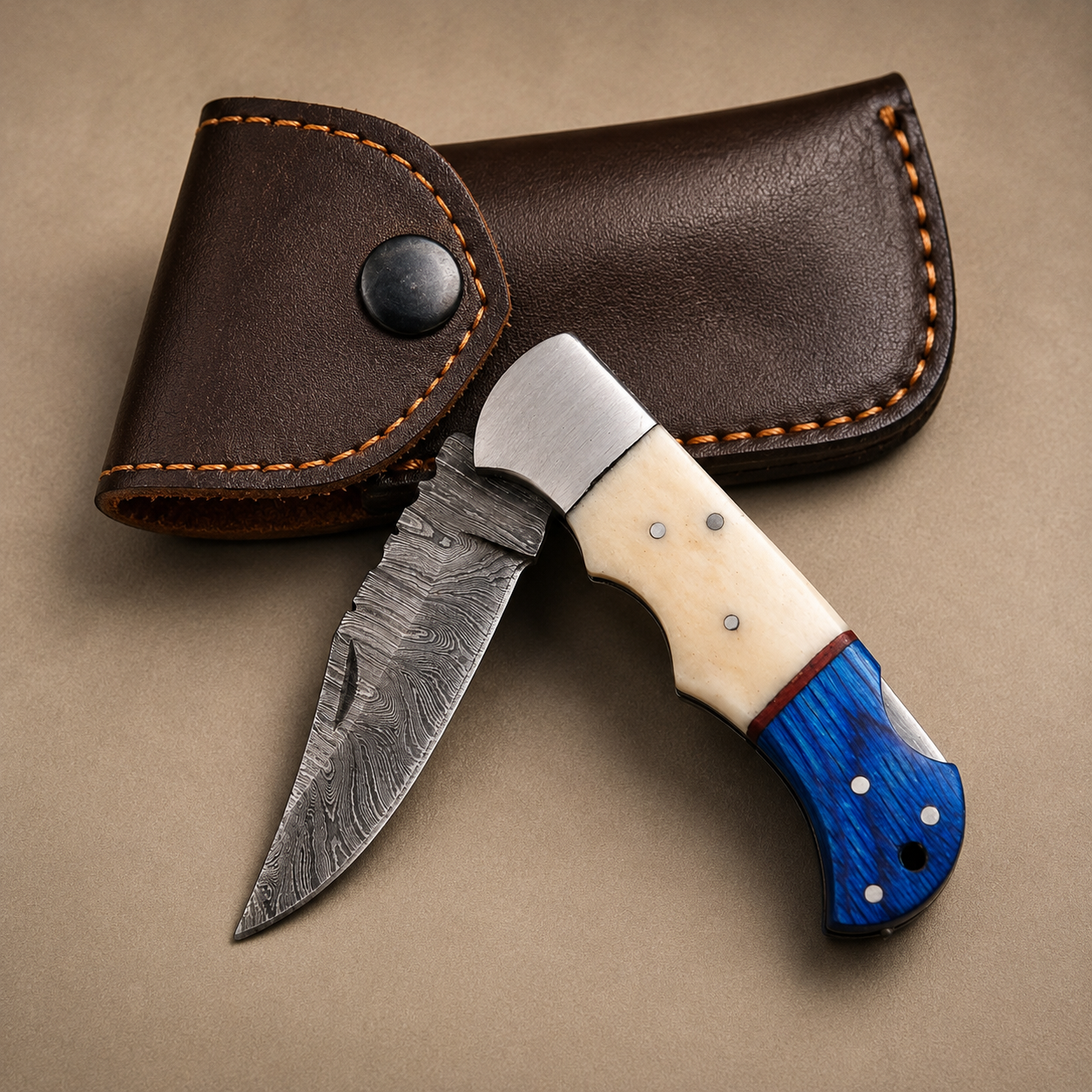 Blue Ridge Damascus Folding Knife – Bone & Blue Wood Handle with Custom Engraving