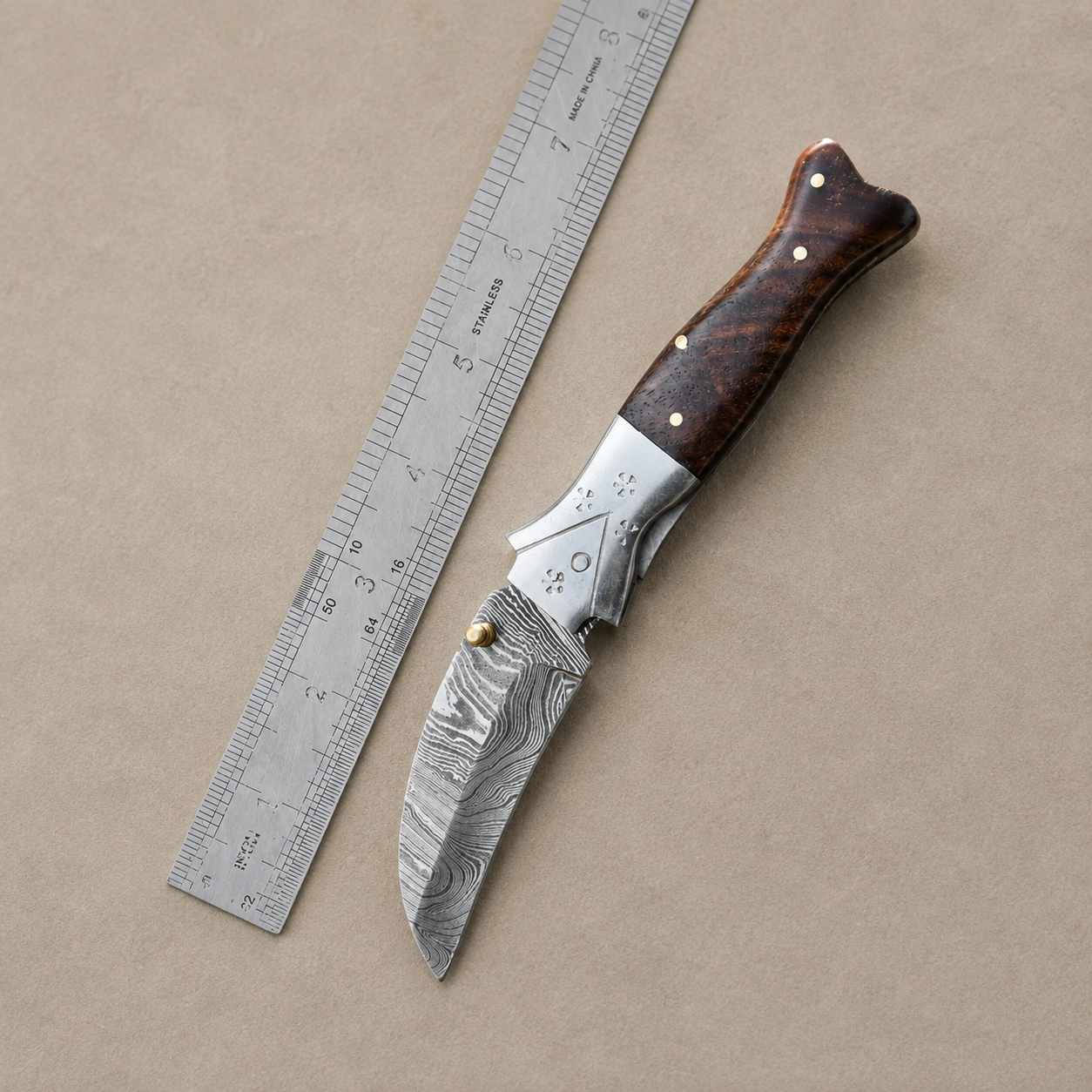 Hand Forged Damascus Steel Folding Pocket Knife with Wood Handle