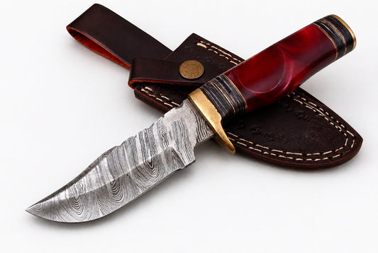 Limited Edition Handmade Damascus Steel Knife – Resin & Brass Handle | Leather Sheath Included