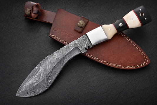 Heritage Curve Damascus Steel Utility Knife – 12” Hand Forged 512 Layer Blade with Bull Horn & Bone Handle, Leather Sheath