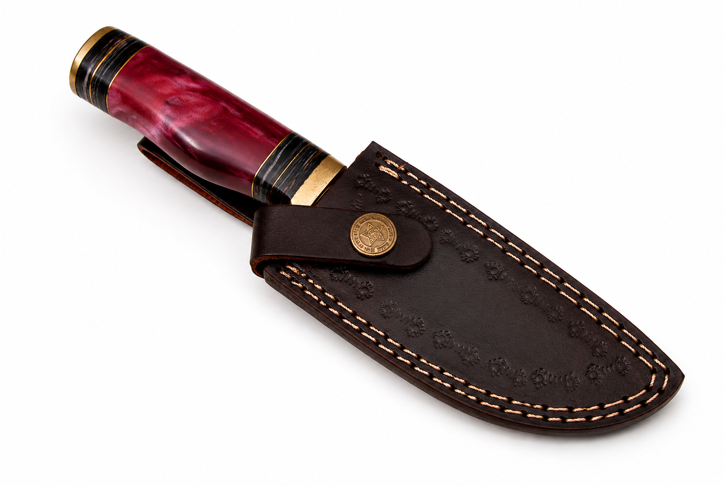 Limited Edition Handmade Damascus Steel Knife – Resin & Brass Handle | Leather Sheath Included