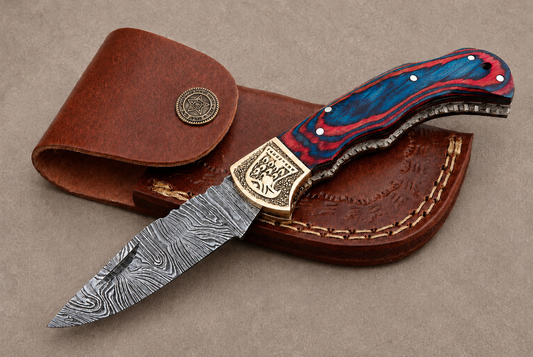 Hand Forged Damascus Steel Folding Pocket Knife with Wood Handle