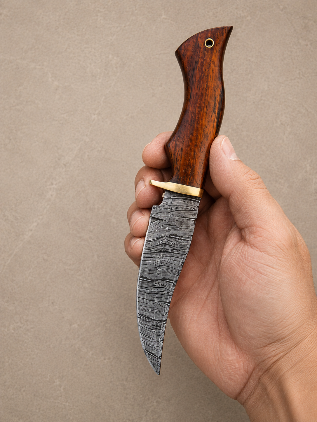 Frontier Forge Damascus Steel Knife – 512 Layer Hand Forged Blade with Stained Wood Handle, Brass Guard & Leather Sheath