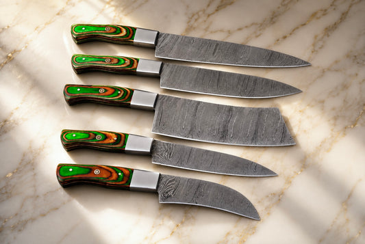 5-Piece Hand Forged Damascus Steel Kitchen Knife Set with Wood Handle & Leather Sheath – 512 Layers Chef Knives & Cleaver