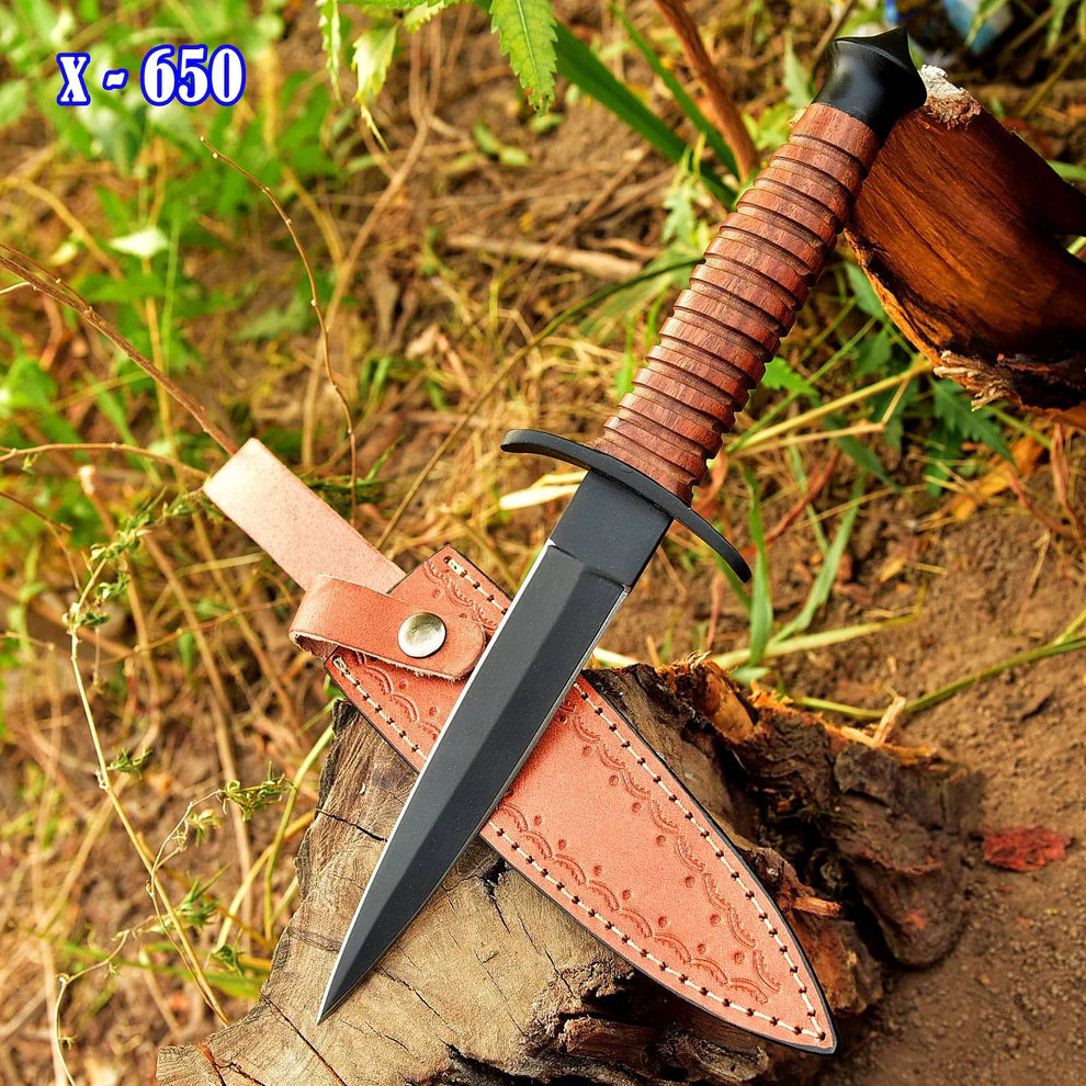 Wwii handmade double-edged v42 military stacked leather stiletto dagger knife