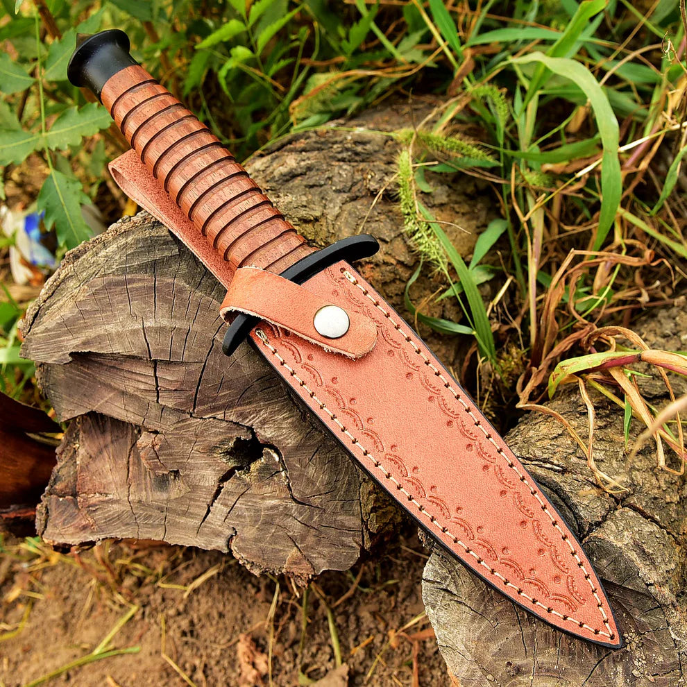 Wwii handmade double-edged v42 military stacked leather stiletto dagger knife