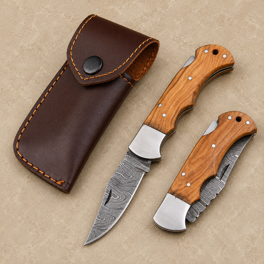 Hand Forged Folding Damascus Steel Pocket Knife – Premium Wood Handle | Steel Bolster | Back Lock Design