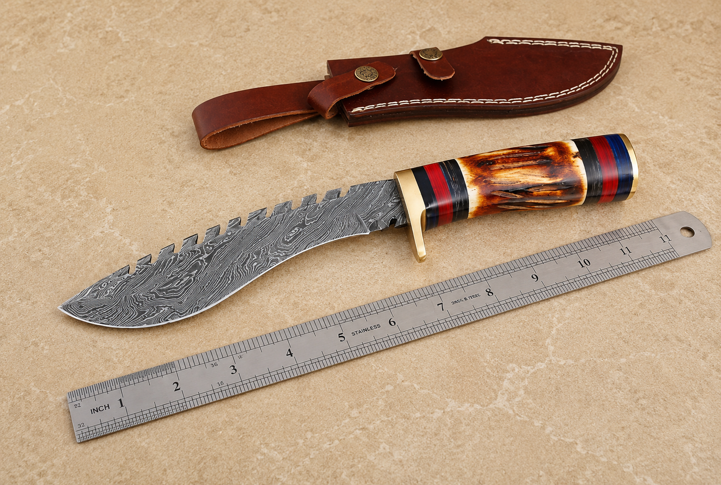 Heritage Curve Damascus Steel Utility Knife – 12” Hand Forged 512 Layer Blade with Camel Bone Handle & Leather Sheath