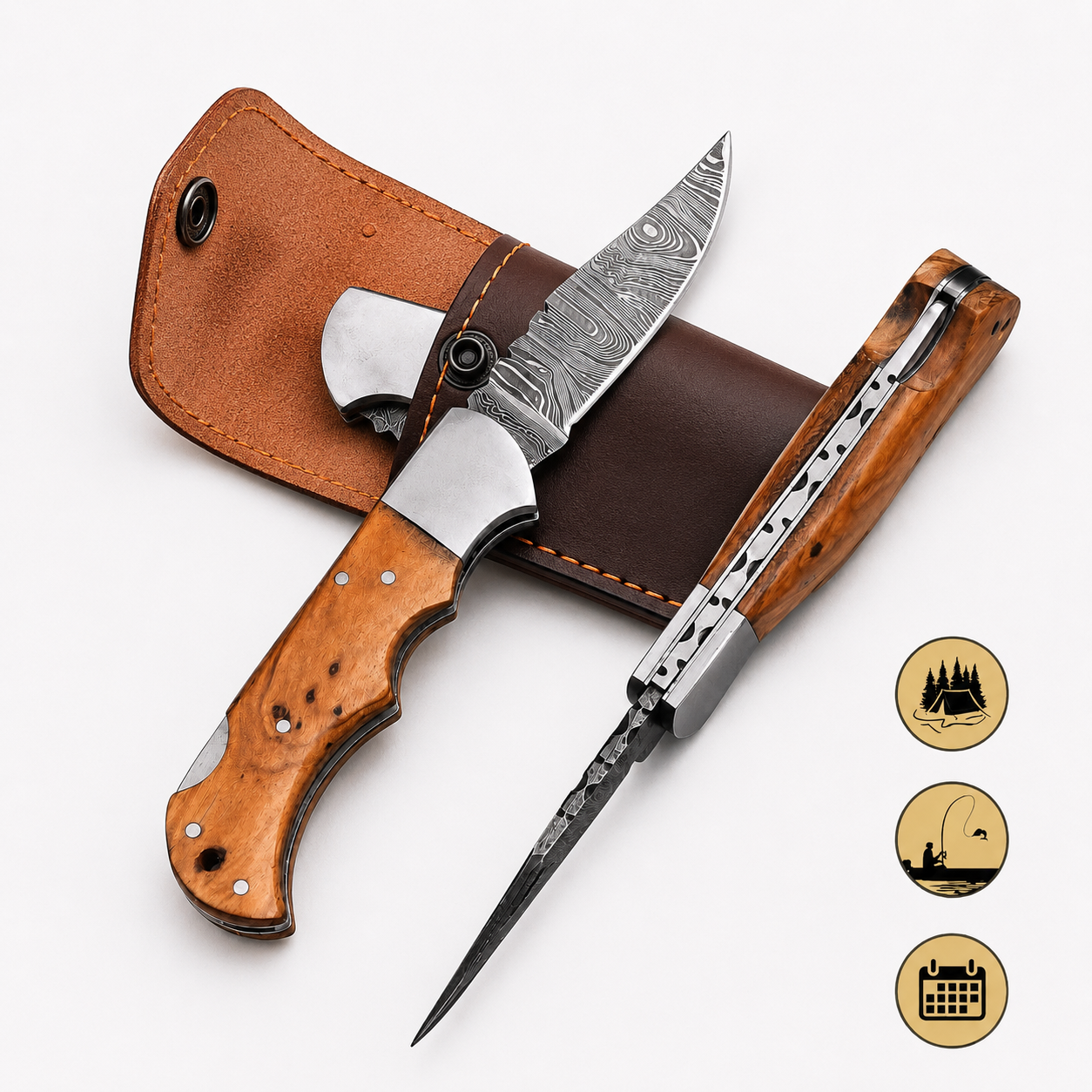 Hand Forged Folding Damascus Steel Pocket Knife – Premium Wood Handle | Steel Bolster | Back Lock Design