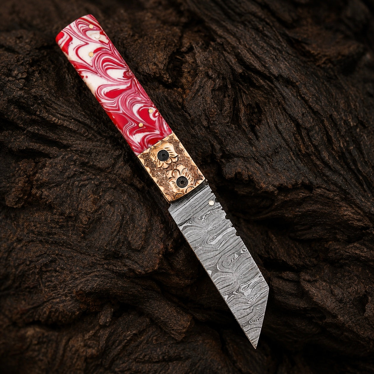 Premium Hand-Forged Damascus Folding Utility Knife with Brass Engraved Handle – 512 Layers Compact Tool with Leather Sheath