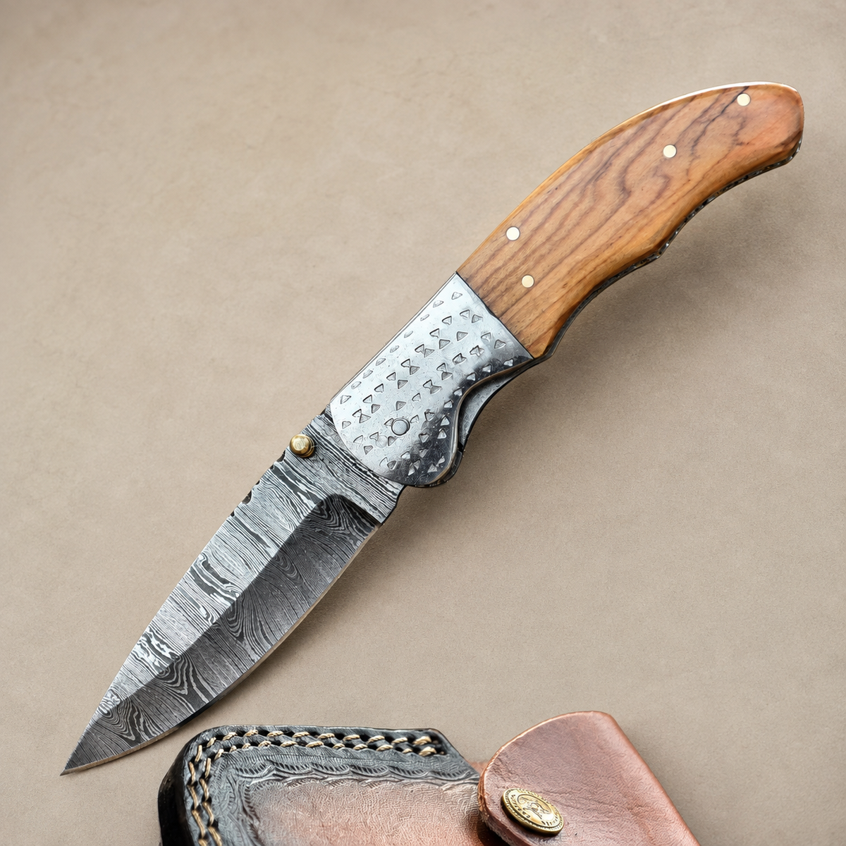 Hand Forged Damascus Steel Folding Pocket Knife with Wood Handle