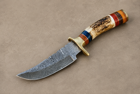Hand Forged Damascus Steel Outdoor Knife with Stag Handle & Brass Guard – 512 Layers Knife