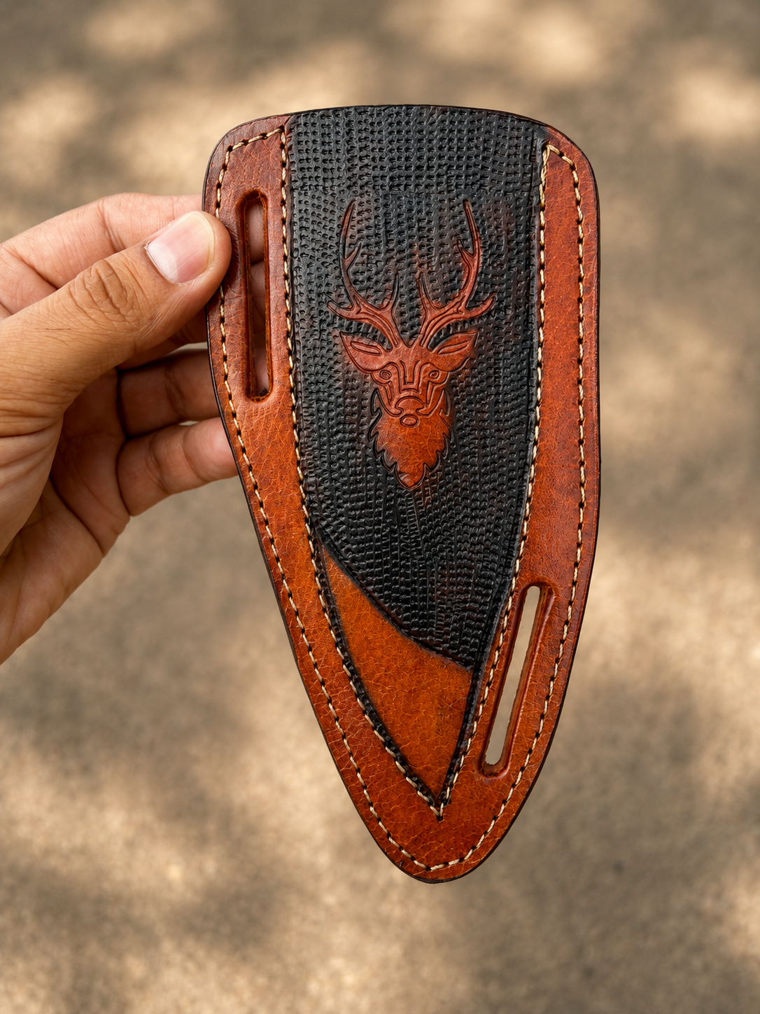 Stag Ridge Horizontal Leather Sheath – Hand Engraved Fixed Blade Belt Cover
