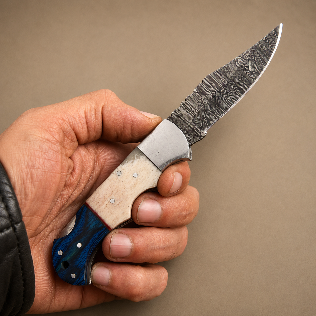 Blue Ridge Damascus Folding Knife – Bone & Blue Wood Handle with Custom Engraving
