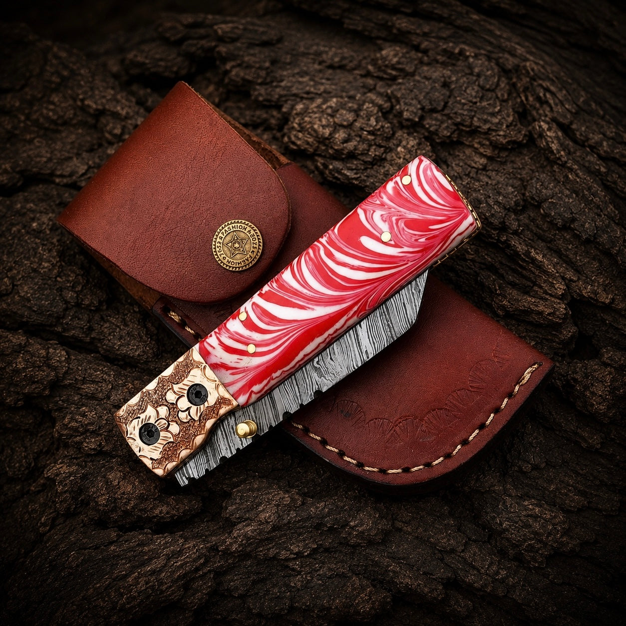 Premium Hand-Forged Damascus Folding Utility Knife with Brass Engraved Handle – 512 Layers Compact Tool with Leather Sheath