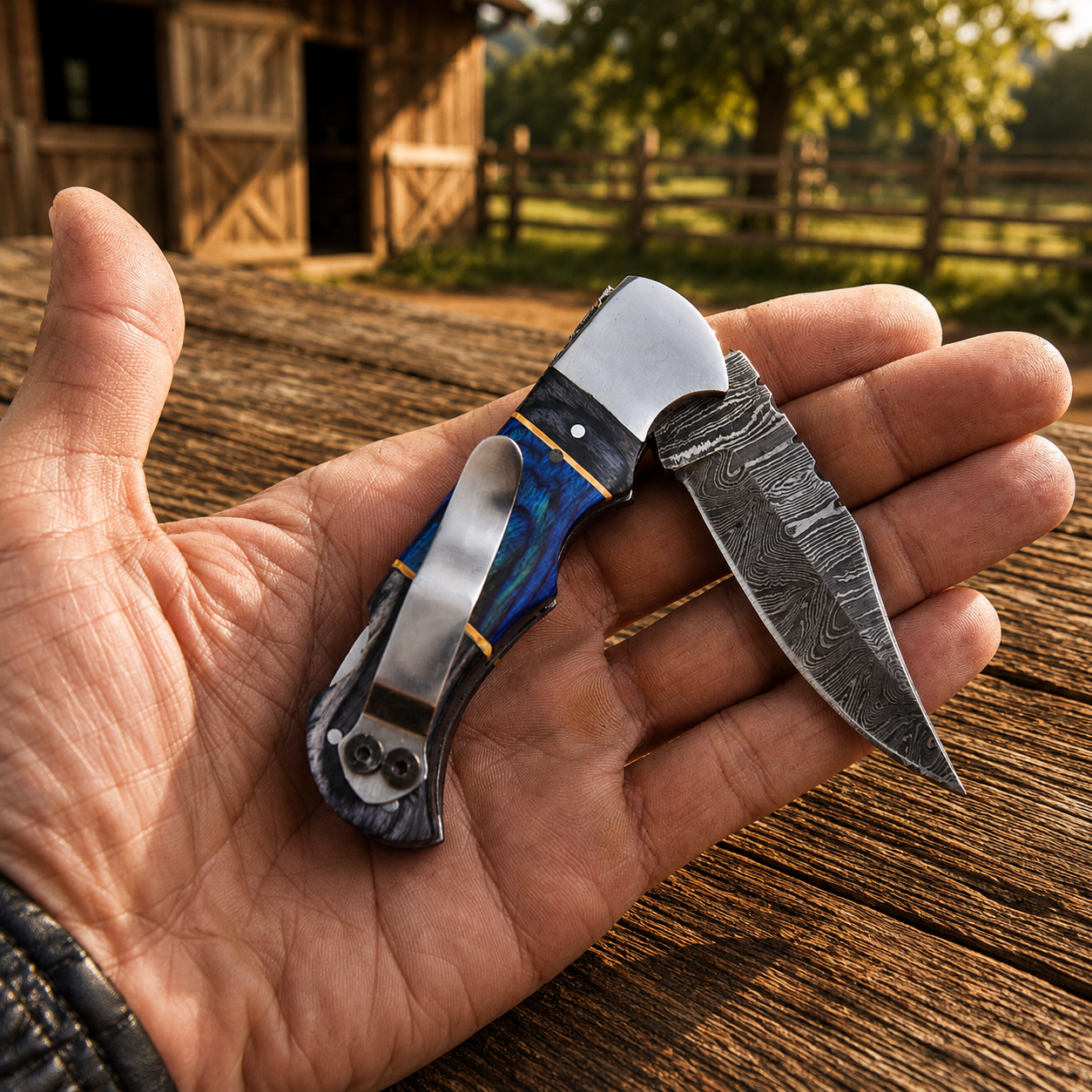 Hand Forged Damascus Folding Knife – Steel Bolster Pakka Wood Pocket Knife with Leather Sheath {Custom Engraving Available}