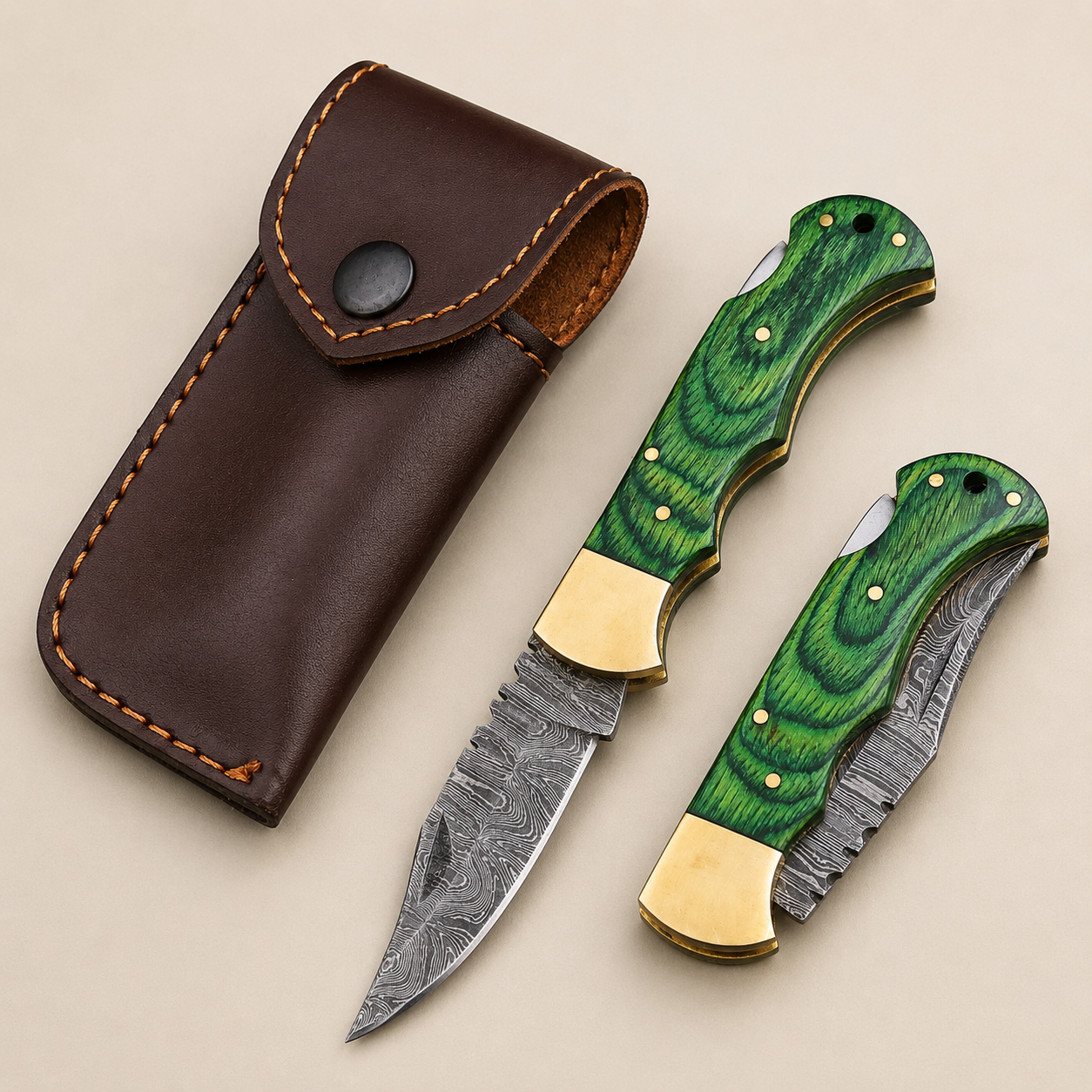 Artisan Folding Knife – Premium Green Pakka Wood Handle & Leather Sheath