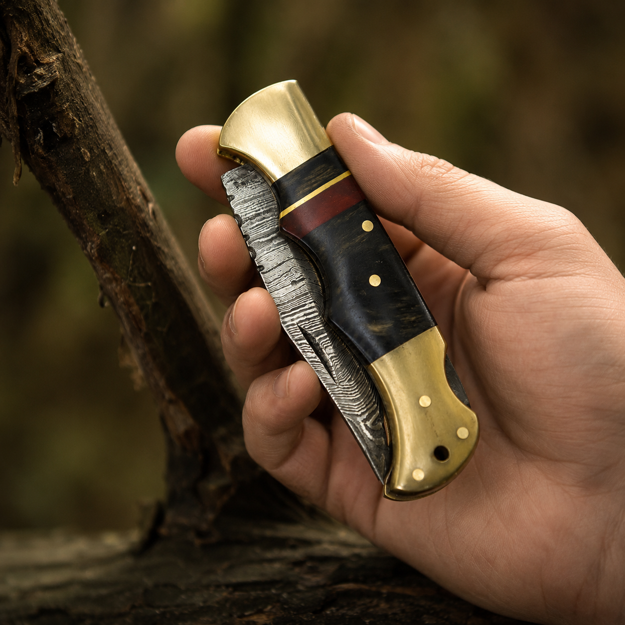 Handmade Damascus Steel Folding Pocket Tool – Back Lock Outdoor Utility with Leather Sheath