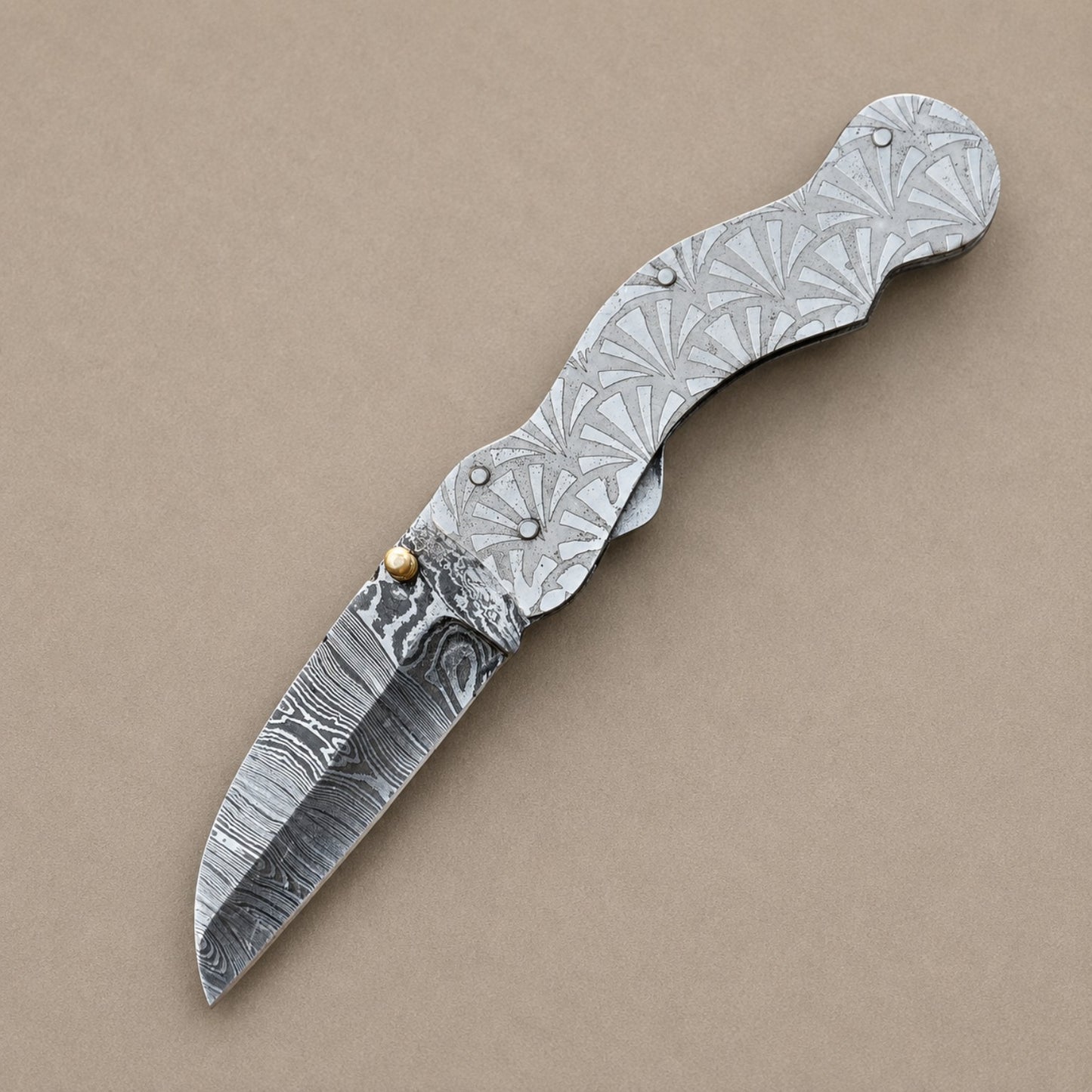 Hand Forged Damascus Steel Folding Pocket Knife with Engraved Steel Handle