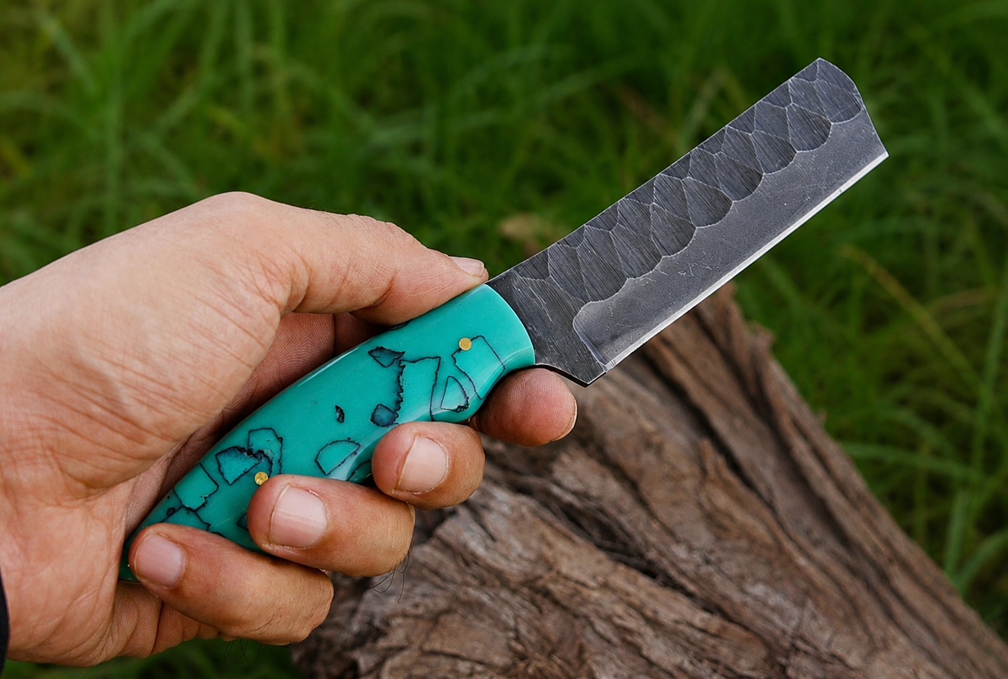Hand Forged Railroad Steel Fixed Blade Knife with Risen Handle – Compact Utility Knife with Leather Sheath