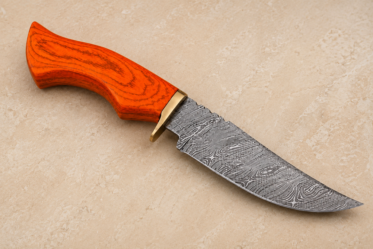 Timber Guard Damascus Steel Utility Knife – 512 Layer Hand Forged Fixed Blade with Stained Wood Handle, Brass Guard & Leather Sheath