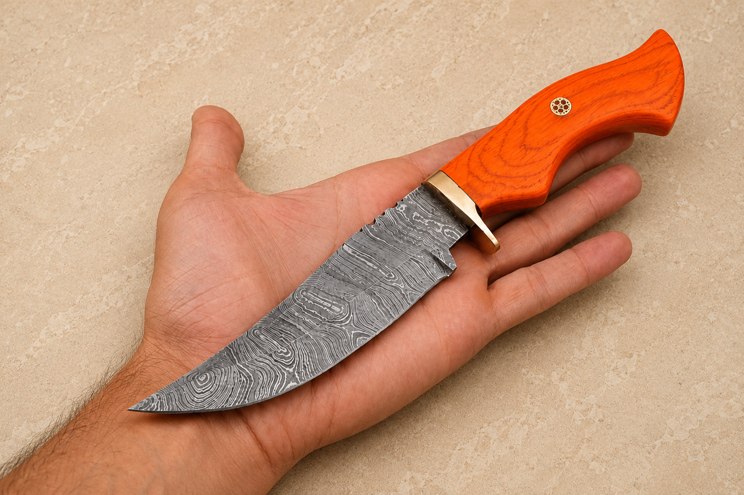 Timber Guard Damascus Steel Utility Knife – 512 Layer Hand Forged Fixed Blade with Stained Wood Handle, Brass Guard & Leather Sheath